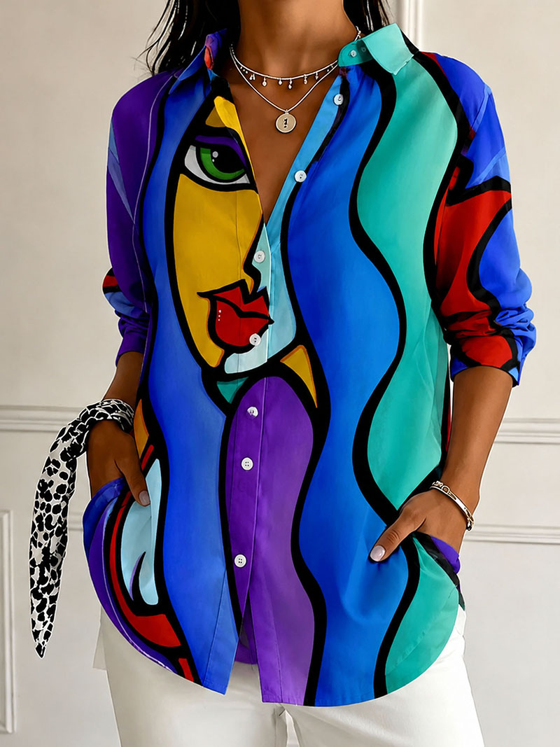Women's Abstract Face Print Button Down Shirt – Colorful Artistic Long Sleeve Blouse with Lightweight Polyester Fabric
