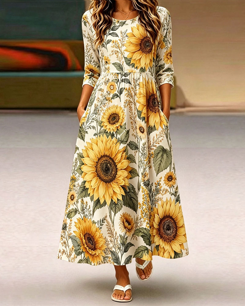 Women's Sunflower Floral Midi Dress – Casual Swing Dress with Pockets, Lightweight Polyester Long Dress-gemscharms
