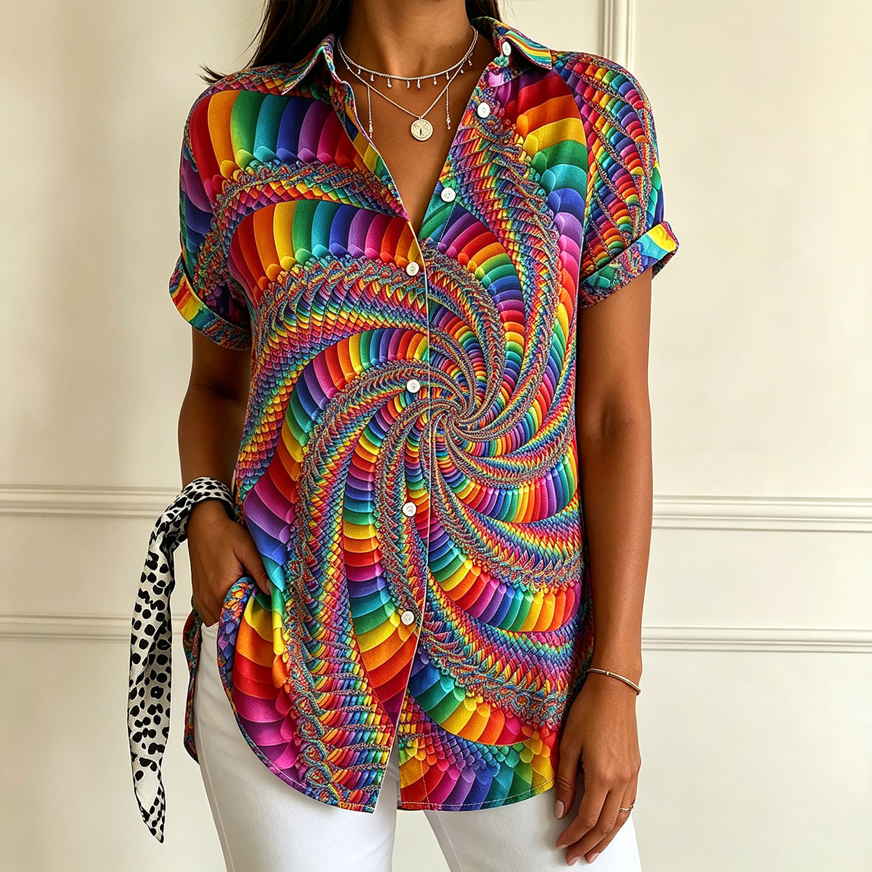 Women’s Colorful Button Down Shirt Short Sleeve Casual Blouse Rainbow Print Loose Fit Collared Tunic Tops Summer Vacation Work Office Wear