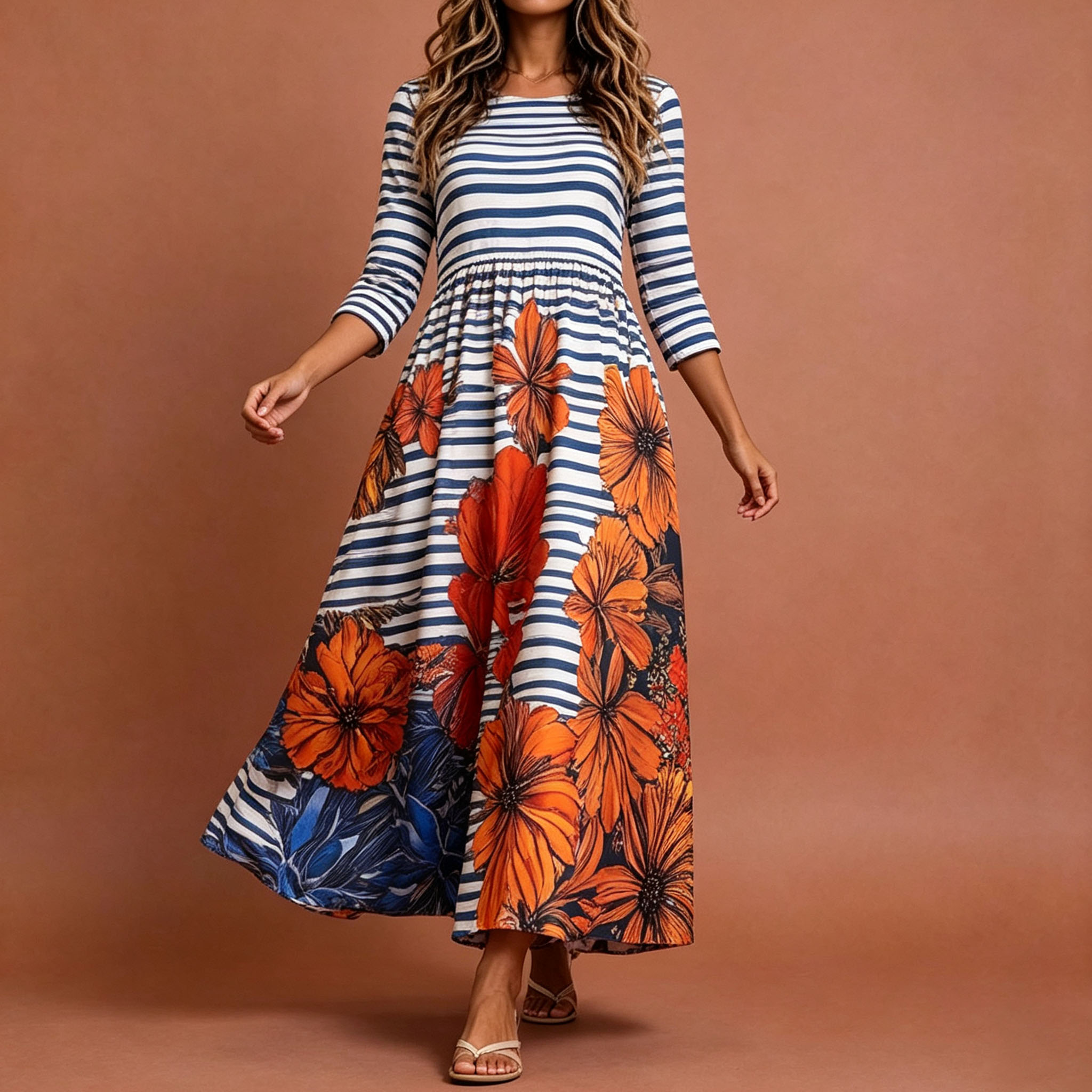 Women's Floral Striped Midi Dress – Elegant Casual Mid-Length Sleeve A-Line Swing Dress with Pockets-gemscharms