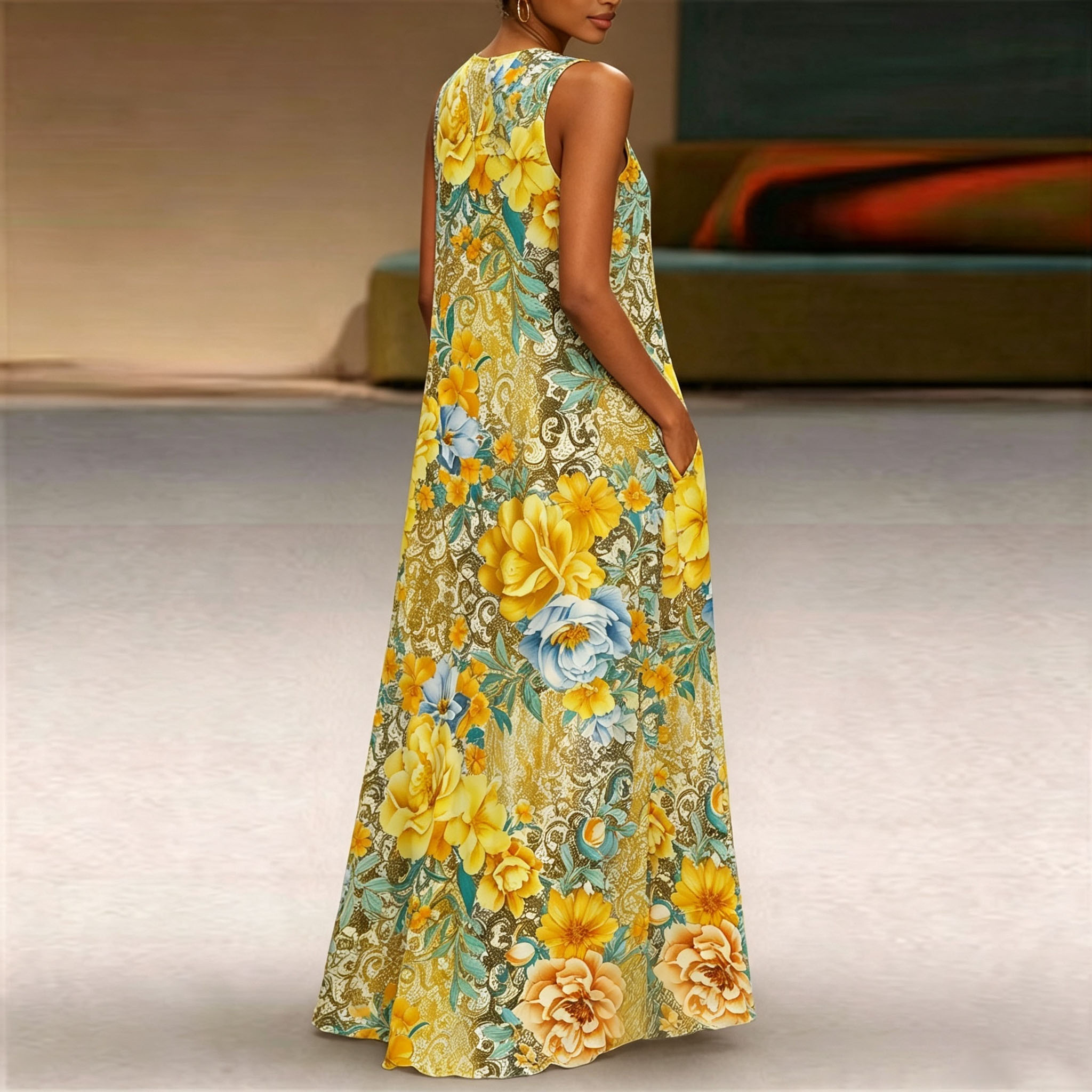 Women's Yellow Floral Print Maxi Dress – Sleeveless Summer Casual Dress with Elegant Vintage Flower Pattern and Relaxed Fit