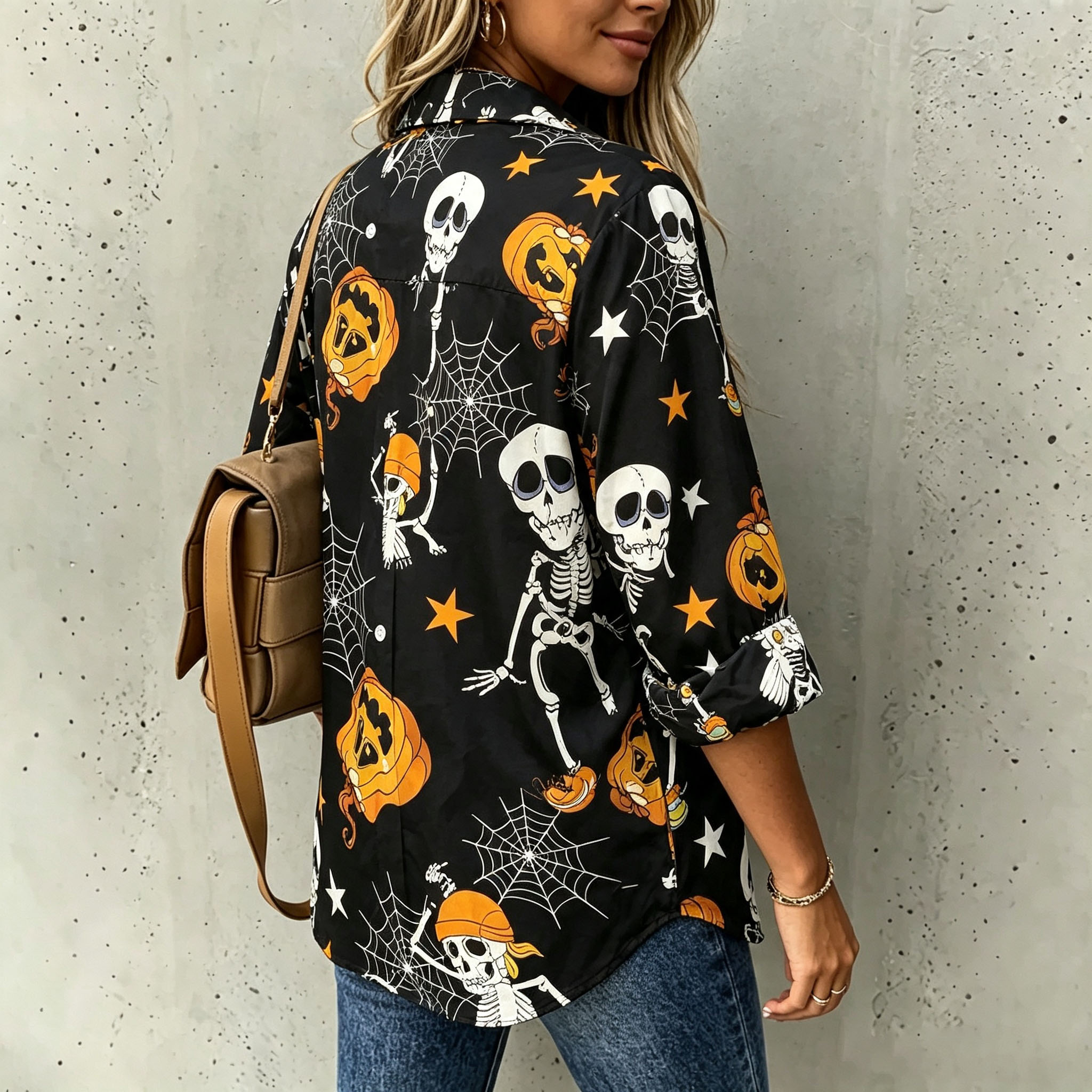 Women Halloween Button Down Shirt, Funny Dancing Skeleton Pumpkin Spider Web Print Blouse, Casual Loose Long‑Sleeve Fall Top