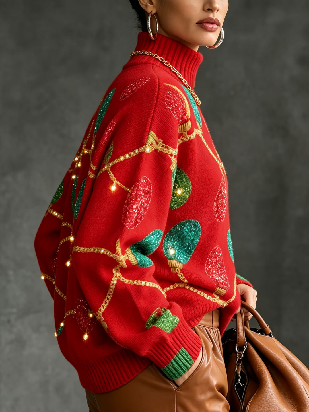 Women's Christmas Sweater, Festive Light Bulb Print Turtleneck Knit Pullover, Red Holiday Long Sleeve Oversized Sweater Top for Winter Xmas Party