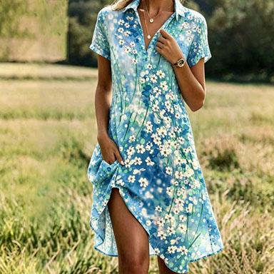 Women’s Floral Print Buttonless Summer Dress – Lightweight Polyester Short Sleeve Casual Dress