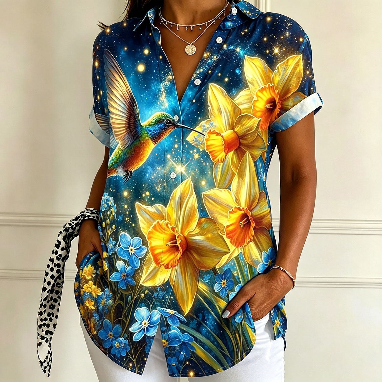 Women’s Short Sleeve Button Down Shirt, Tropical Hummingbird Floral Print Blouse, Lightweight Polyester Casual Summer Shirt, Colorful Botanical Hawaiian Style Top for Beach Vacation & Everyday Wear-gemscharms