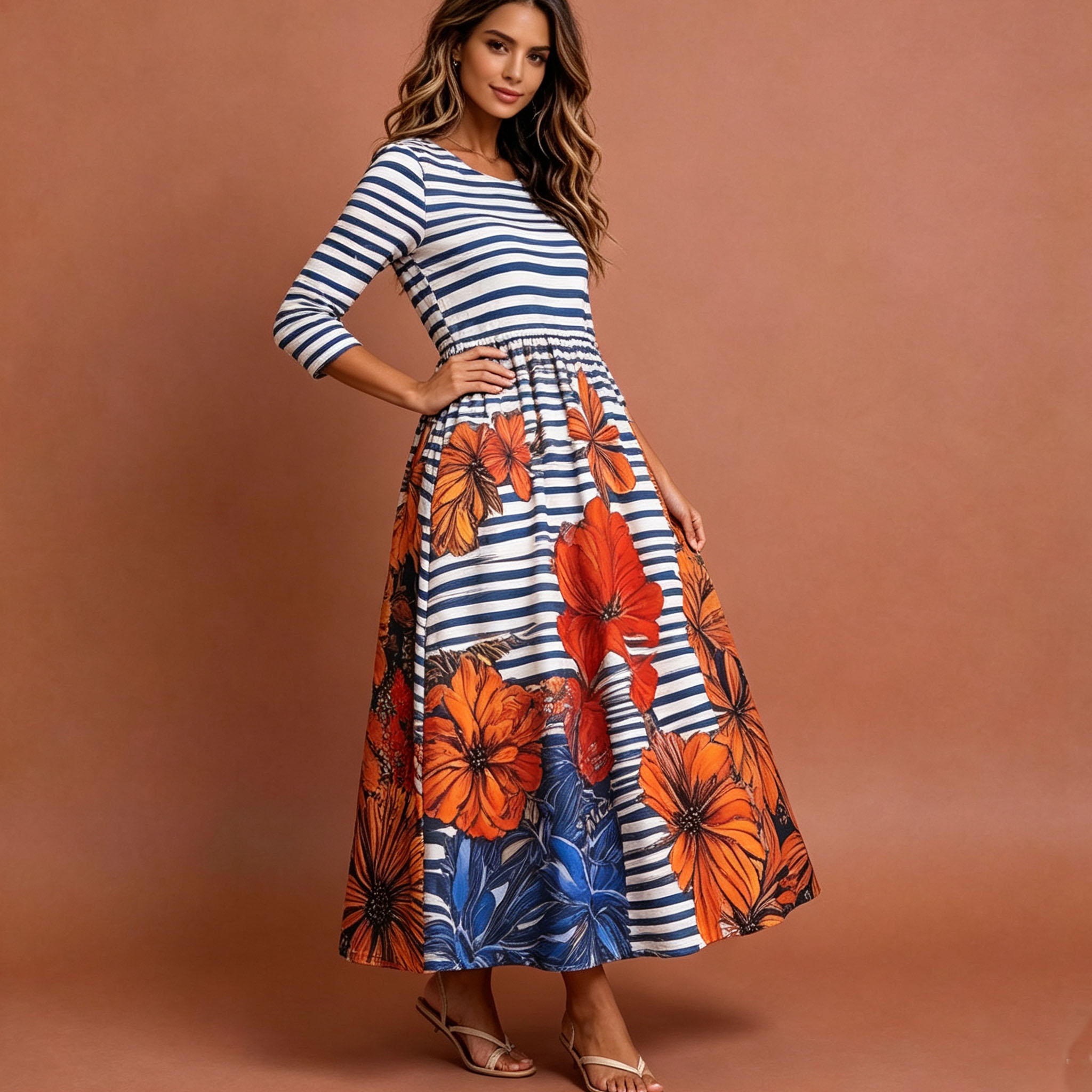 Women's Floral Striped Midi Dress – Elegant Casual Mid-Length Sleeve A-Line Swing Dress with Pockets-gemscharms