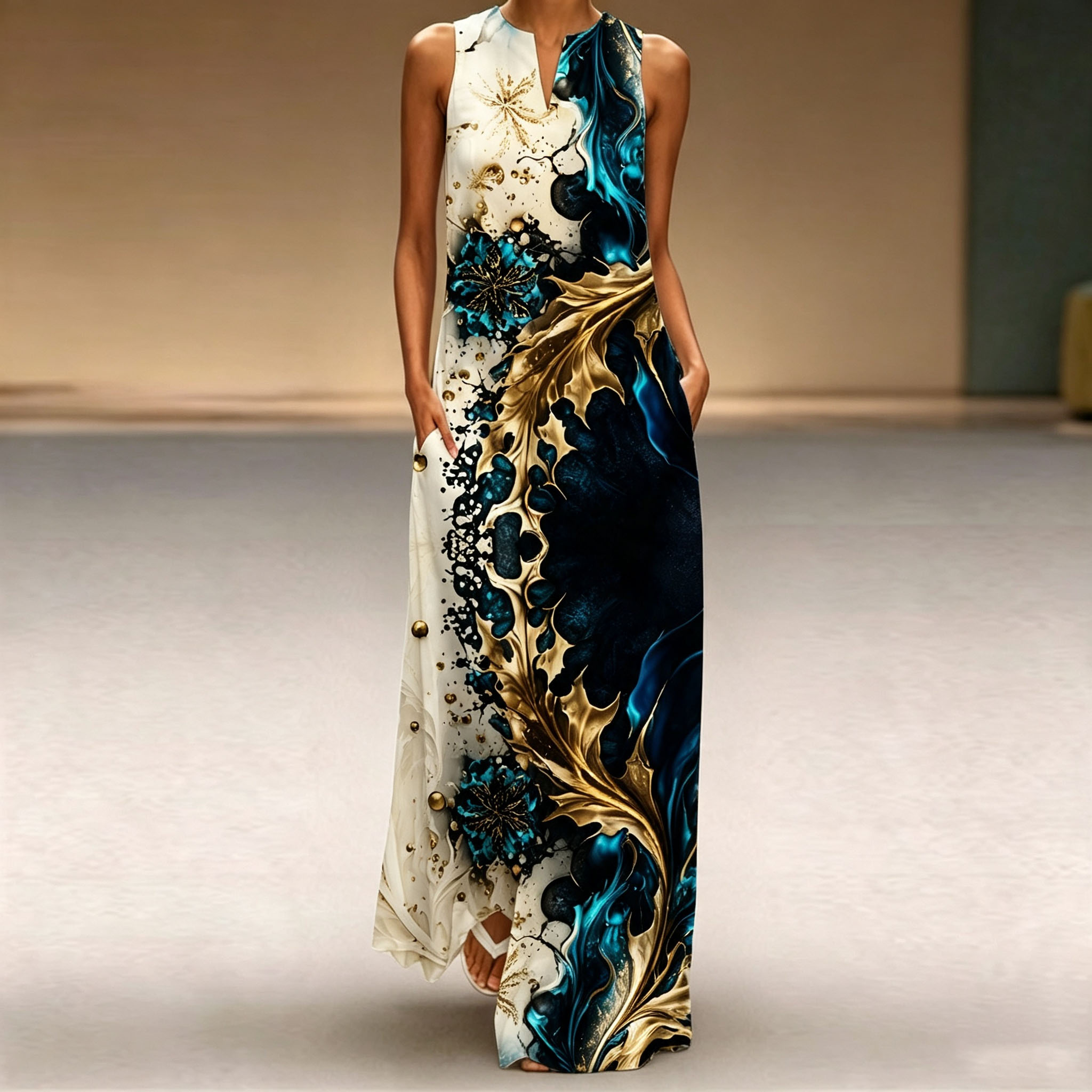 Women's Abstract Blue Gold Marble Print Maxi Dress – Sleeveless Elegant Summer Dress with Artistic Luxury Pattern and Flowing A-Line Fit