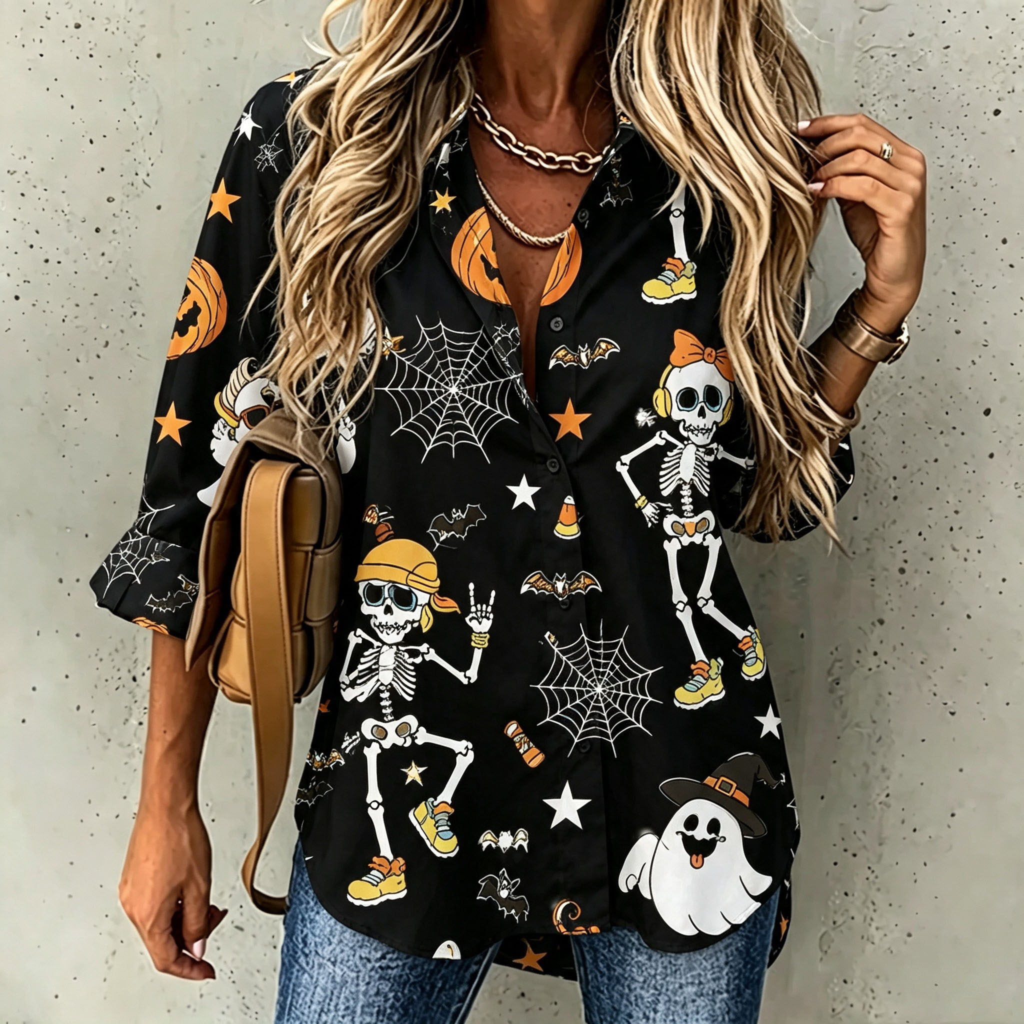 Women Halloween Button‑Down Shirt, Cute Dancing Skeleton Ghost Pumpkin Spider Web Print Blouse, Casual Loose 3/4 Sleeve Fall Top