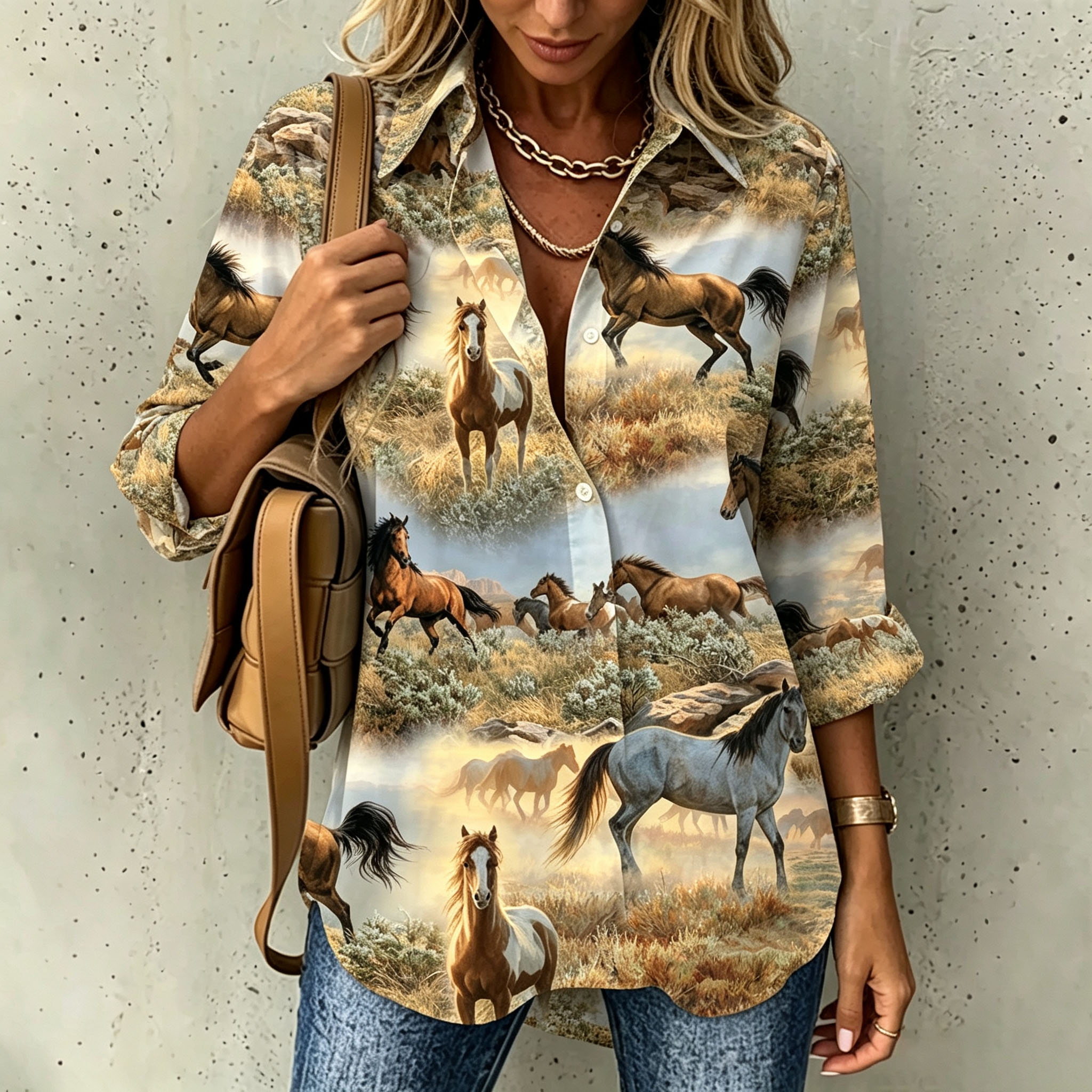 Women's Wild Horse Print Button Down Shirt Long Sleeve Casual Blouse, Western Equestrian Landscape Graphic Shirt, Relaxed Fit Lightweight Tops for Women Fall Spring Vacation Outfit