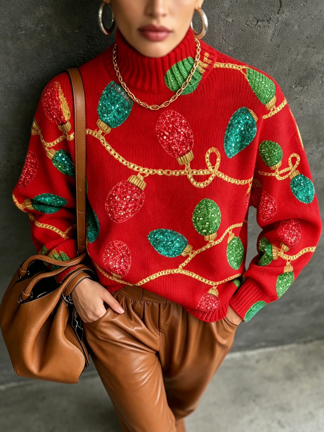 Women's Christmas Sweater, Festive Light Bulb Print Turtleneck Knit Pullover, Red Holiday Long Sleeve Oversized Sweater Top for Winter Xmas Party
