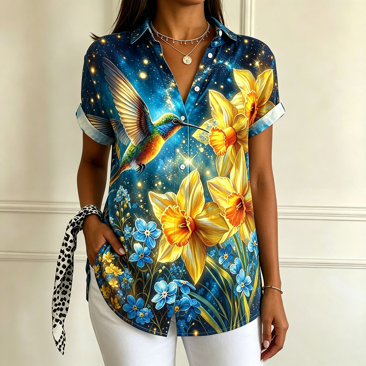 Women’s Short Sleeve Button Down Shirt, Tropical Hummingbird Floral Print Blouse, Lightweight Polyester Casual Summer Shirt, Colorful Botanical Hawaiian Style Top for Beach Vacation & Everyday Wear-gemscharms