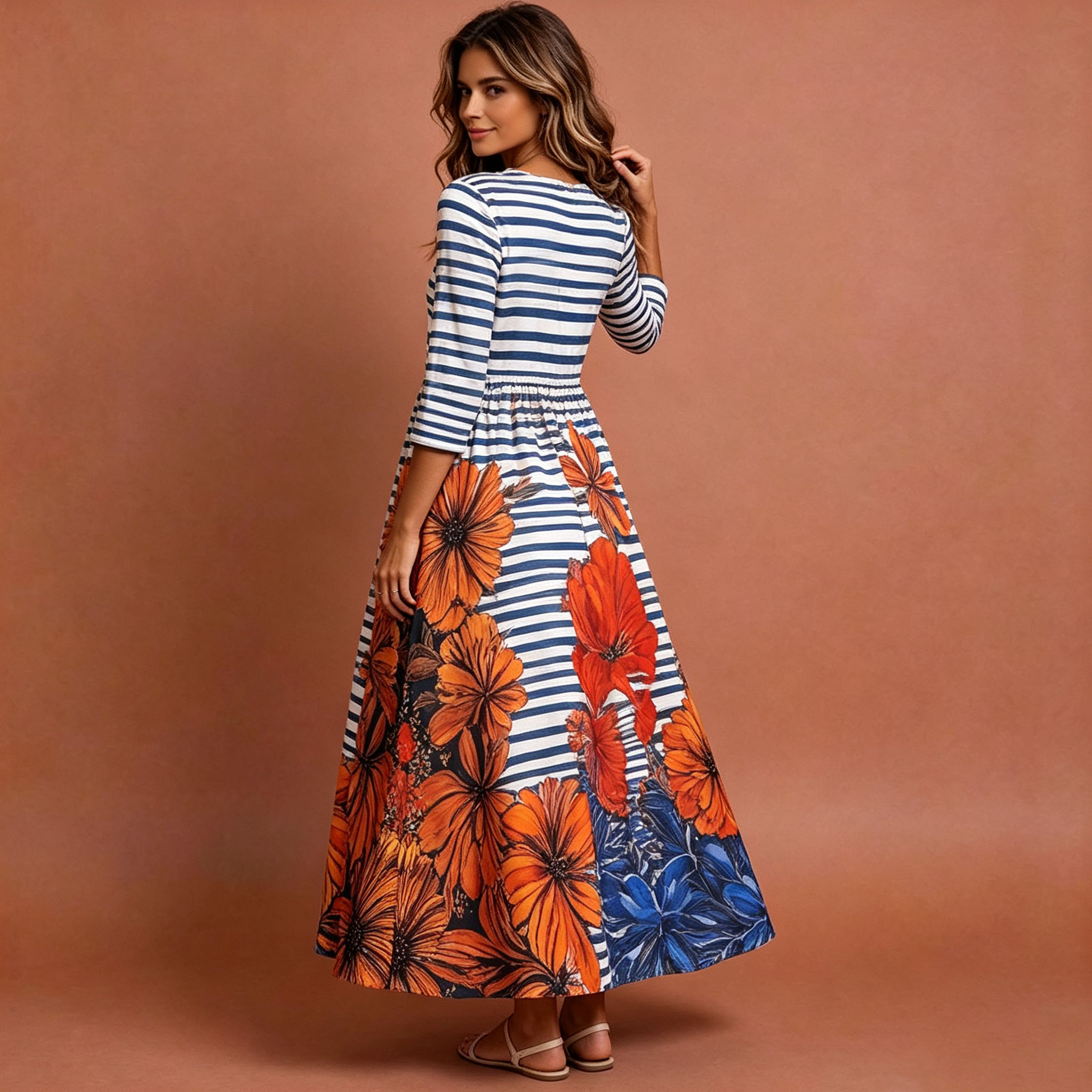Women's Floral Striped Midi Dress – Elegant Casual Mid-Length Sleeve A-Line Swing Dress with Pockets-gemscharms