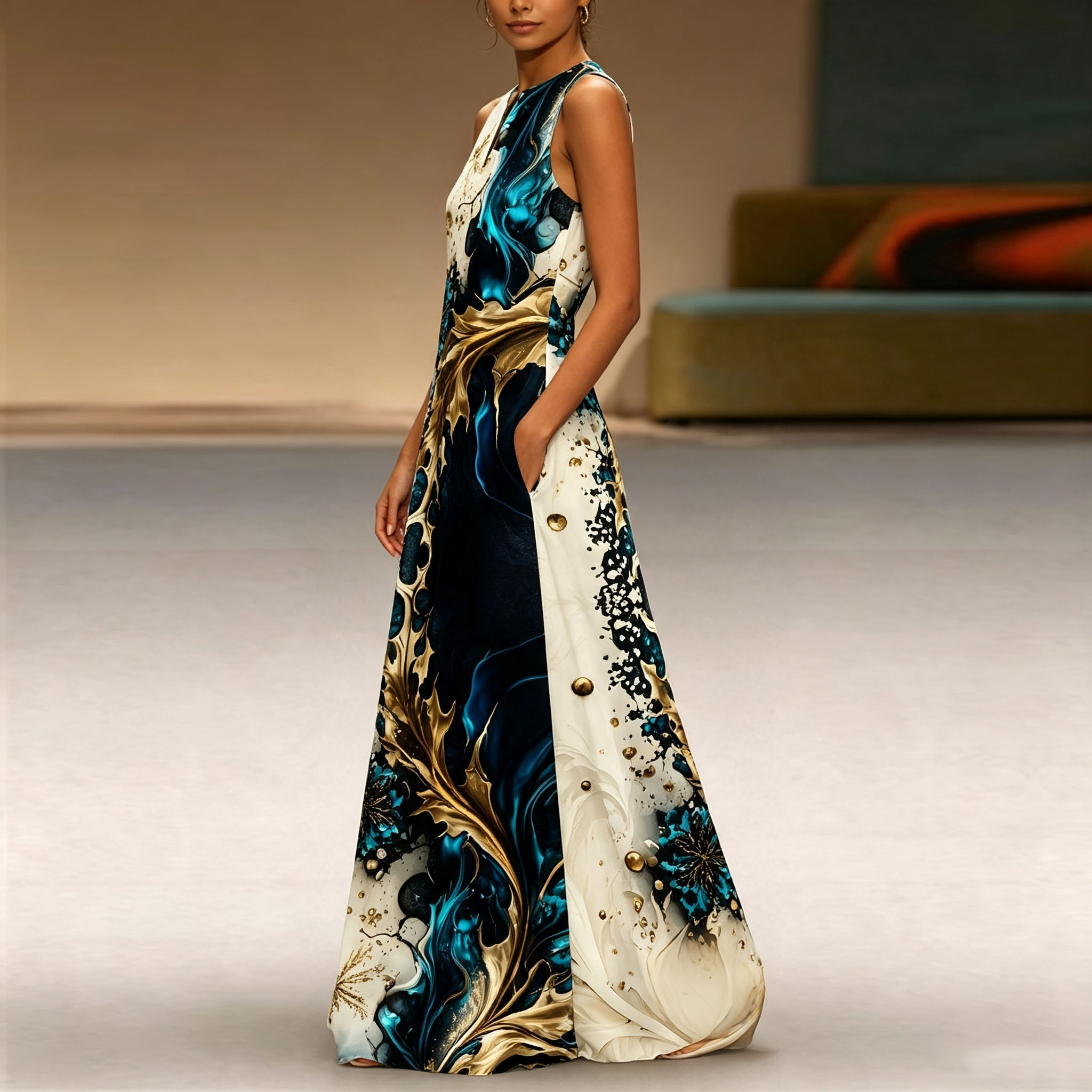 Women's Abstract Blue Gold Marble Print Maxi Dress – Sleeveless Elegant Summer Dress with Artistic Luxury Pattern and Flowing A-Line Fit