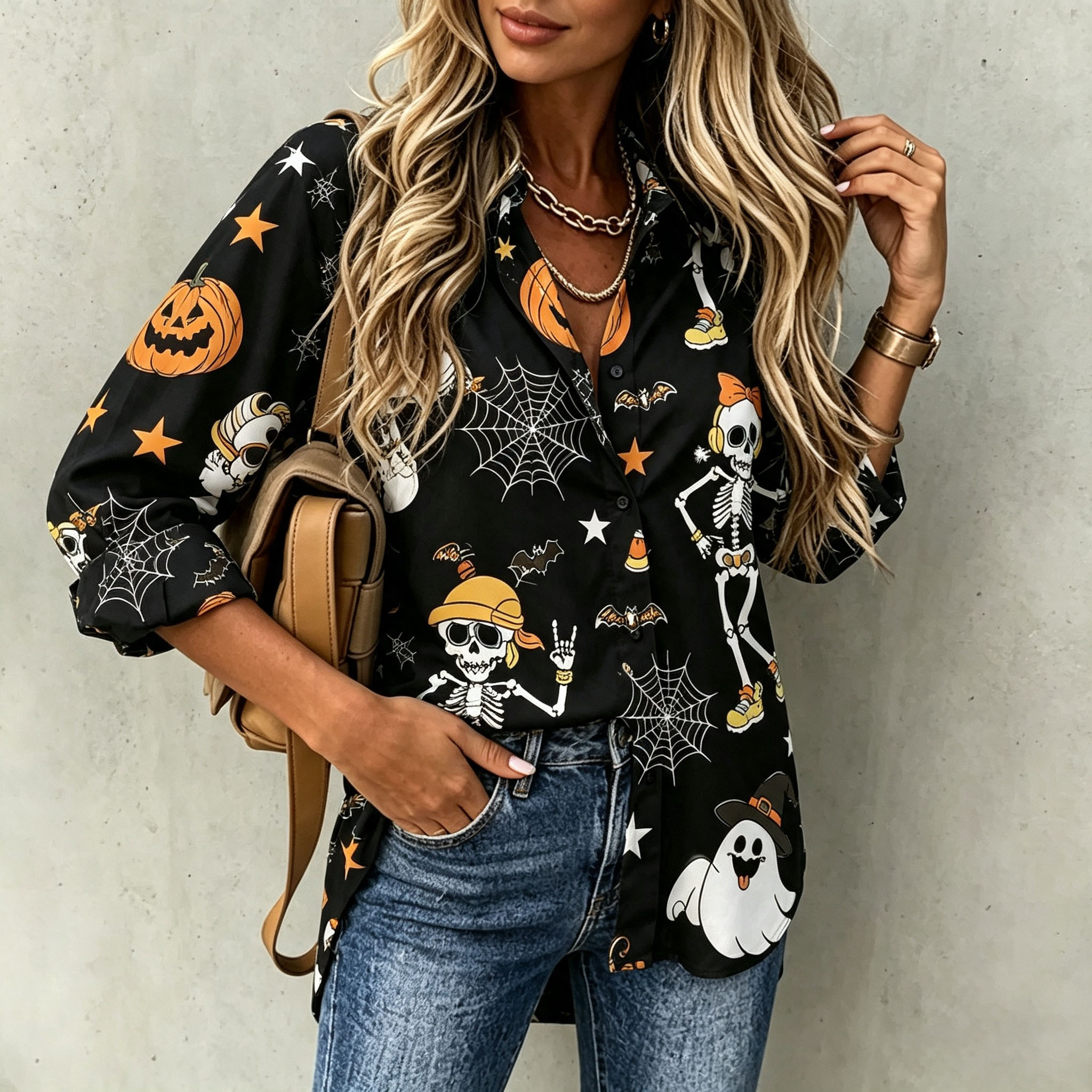 Women Halloween Button‑Down Shirt, Cute Dancing Skeleton Ghost Pumpkin Spider Web Print Blouse, Casual Loose 3/4 Sleeve Fall Top