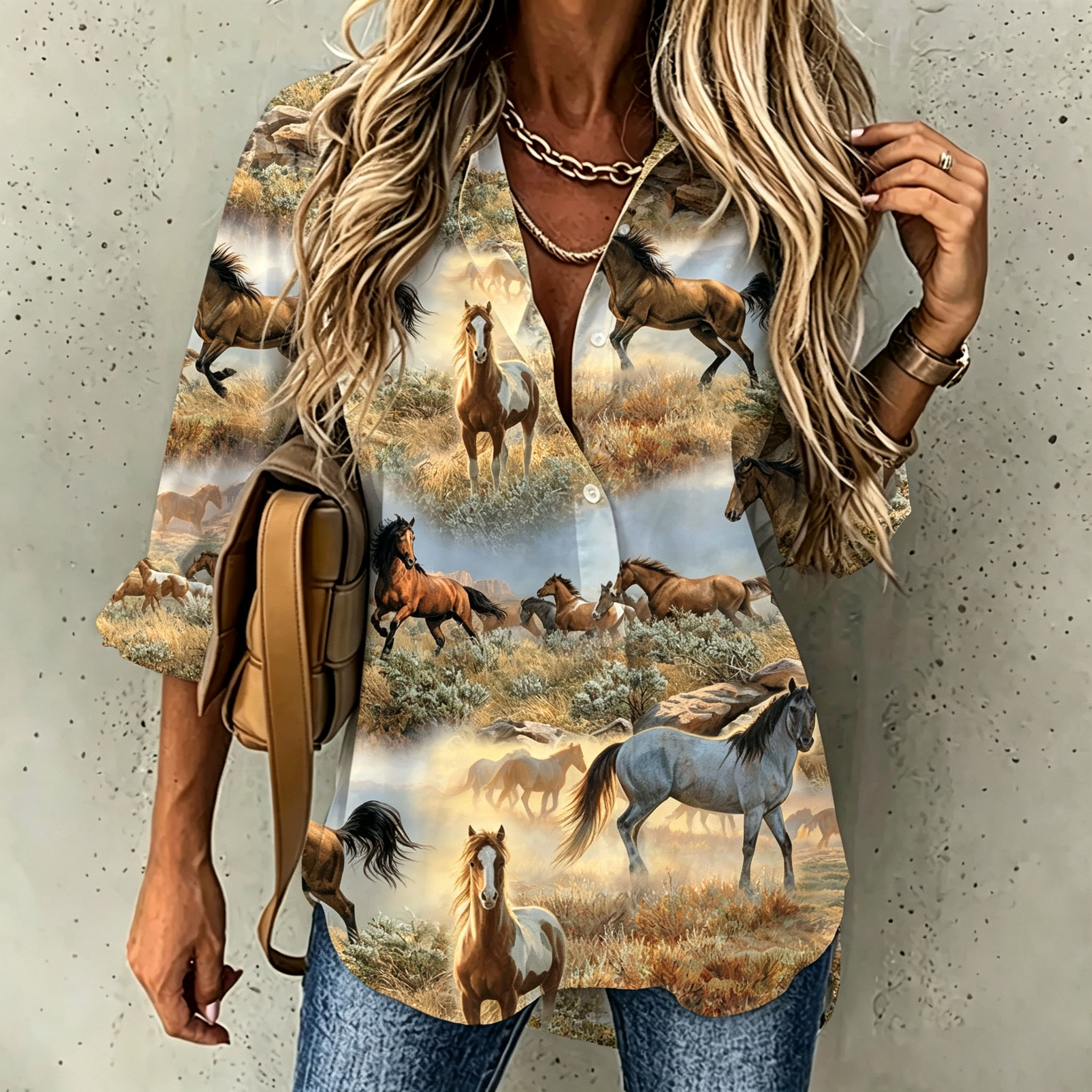 Women's Wild Horse Print Button Down Shirt Long Sleeve Casual Blouse, Western Equestrian Landscape Graphic Shirt, Relaxed Fit Lightweight Tops for Women Fall Spring Vacation Outfit