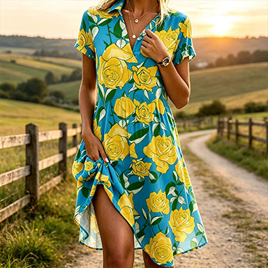 Women’s Blue & Yellow Rose Floral Dress – Short Sleeve V-Neck A-Line Summer Dress, Lightweight Polyester Pullover Dress