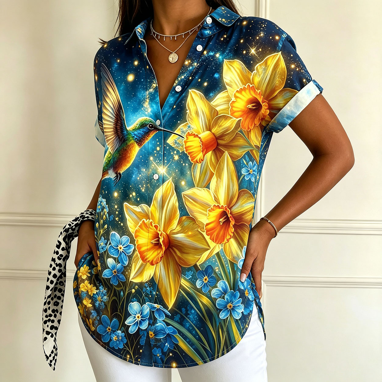 Women’s Short Sleeve Button Down Shirt, Tropical Hummingbird Floral Print Blouse, Lightweight Polyester Casual Summer Shirt, Colorful Botanical Hawaiian Style Top for Beach Vacation & Everyday Wear-gemscharms
