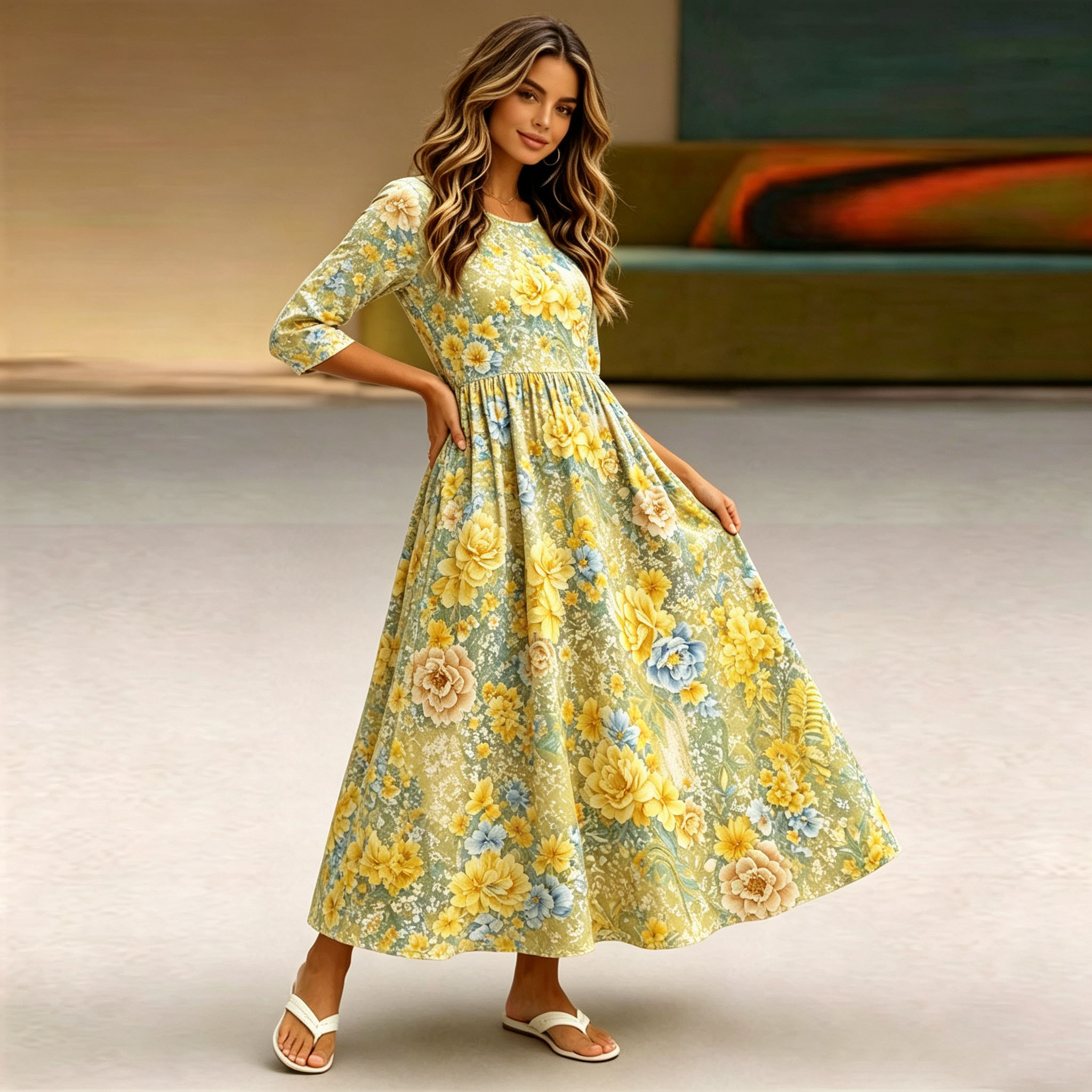 Women's Floral Maxi Dress 3/4 Sleeve Casual Swing Dress with Pockets, Vintage A Line Long Dress for Spring Summer Fall