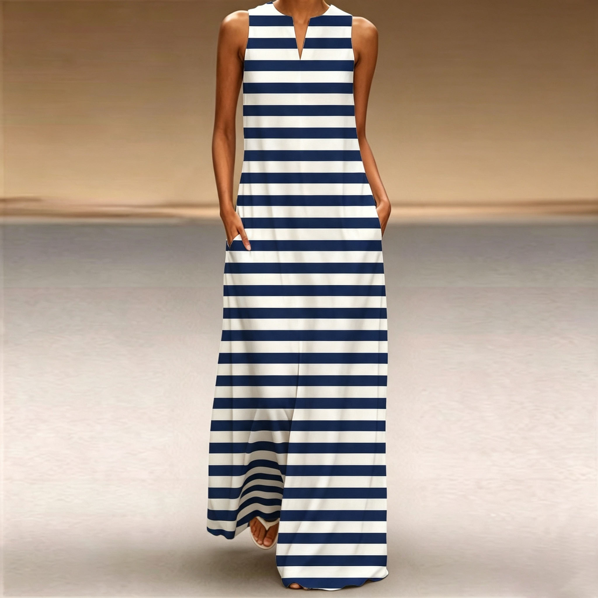 Women's Navy Blue Striped Maxi Dress – Sleeveless Summer Casual Dress with Classic Horizontal Stripe Pattern and Relaxed A-Line Fit