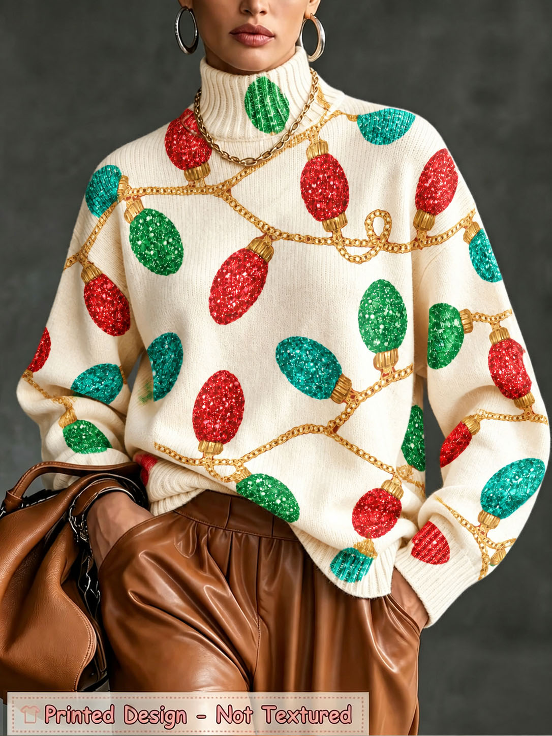 Women's Christmas Sweater, Festive Light Bulb Print Turtleneck Knit Pullover, Red Holiday Long Sleeve Oversized Sweater Top for Winter Xmas Party