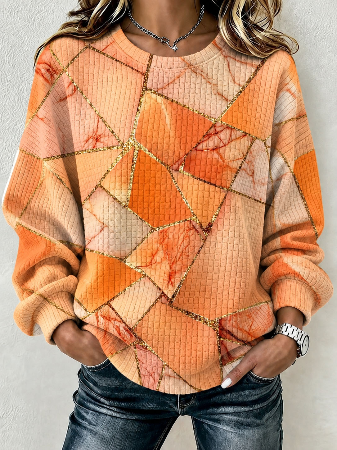 Women's Waffle Knit Sweatshirt Orange Marble Geometric Gold Foil Print Crew Neck Long Sleeve Casual Loose Pullover Tops  >