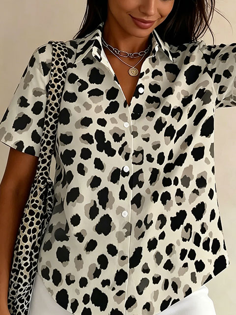 Women’s Leopard Print Button-Up Shirt – Short Sleeve Casual Blouse