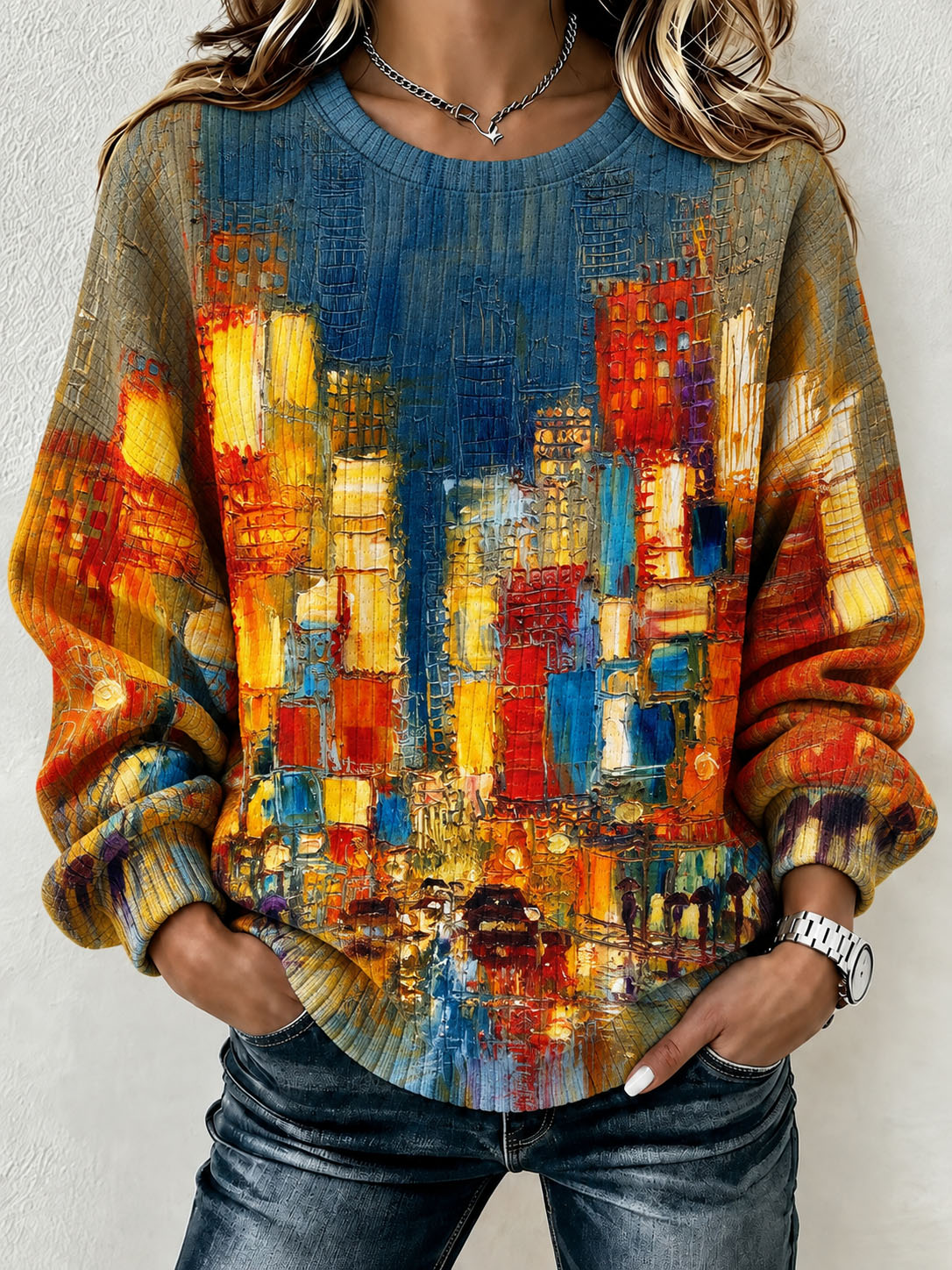 Women's Waffle Knit Crew Neck Sweatshirt, Abstract City Oil Painting Print Long Sleeve Loose Casual Pullover Tops