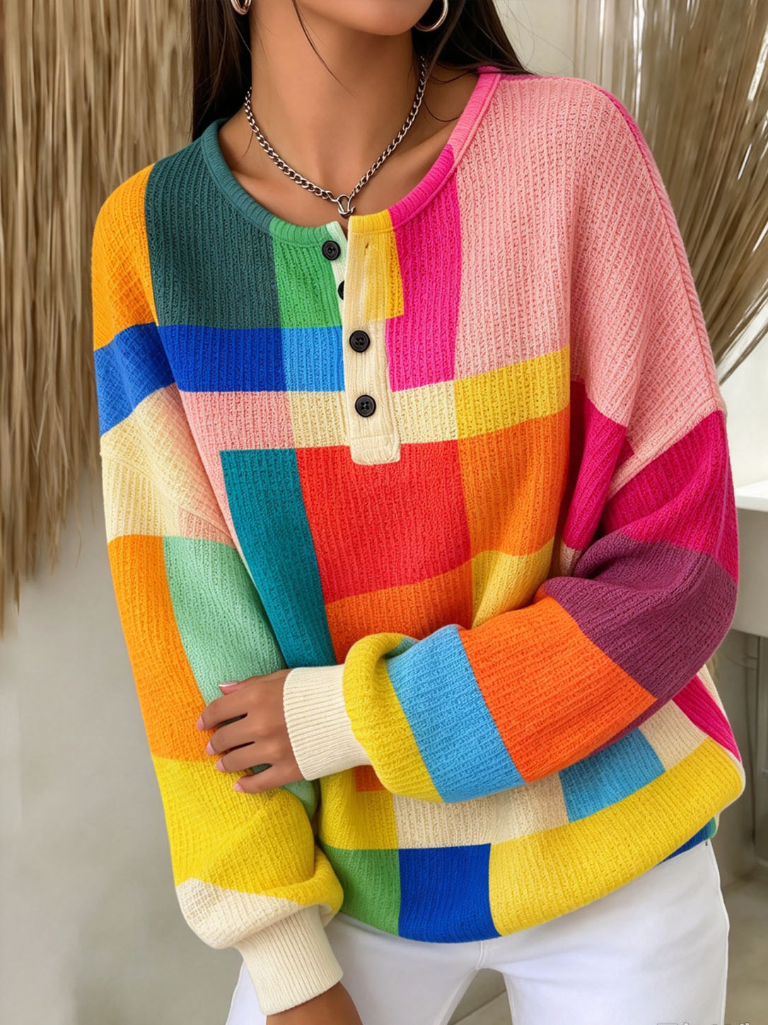 Women's Waffle Knit Henley Sweatshirt Color Block Geometric Plaid Print Long Sleeve Loose Casual Pullover Top