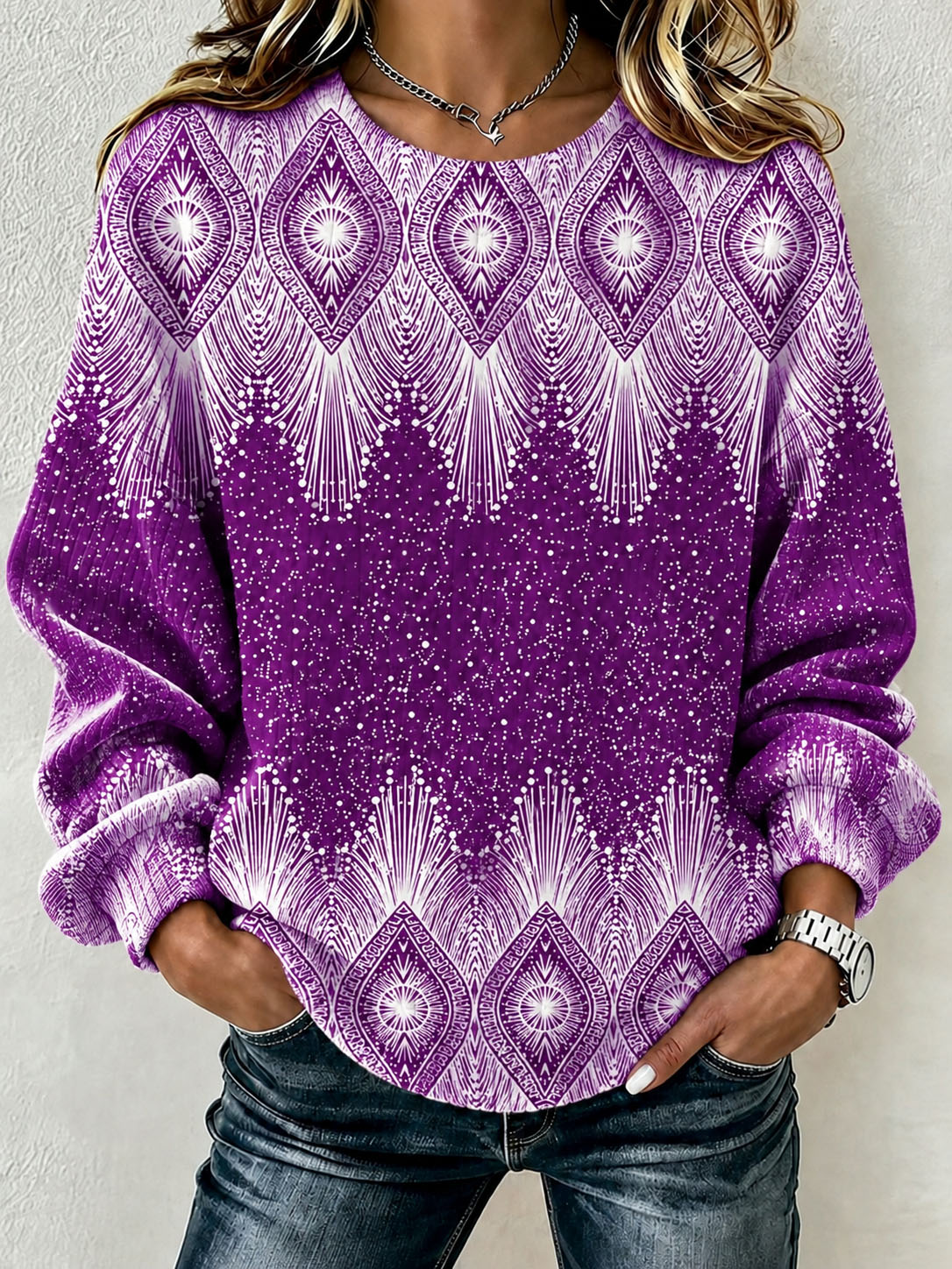 Women's Waffle Knit Sweatshirt Navy Blue Boho Diamond Radiant Geometric Print Crew Neck Long Sleeve Casual Loose Pullover Tops 