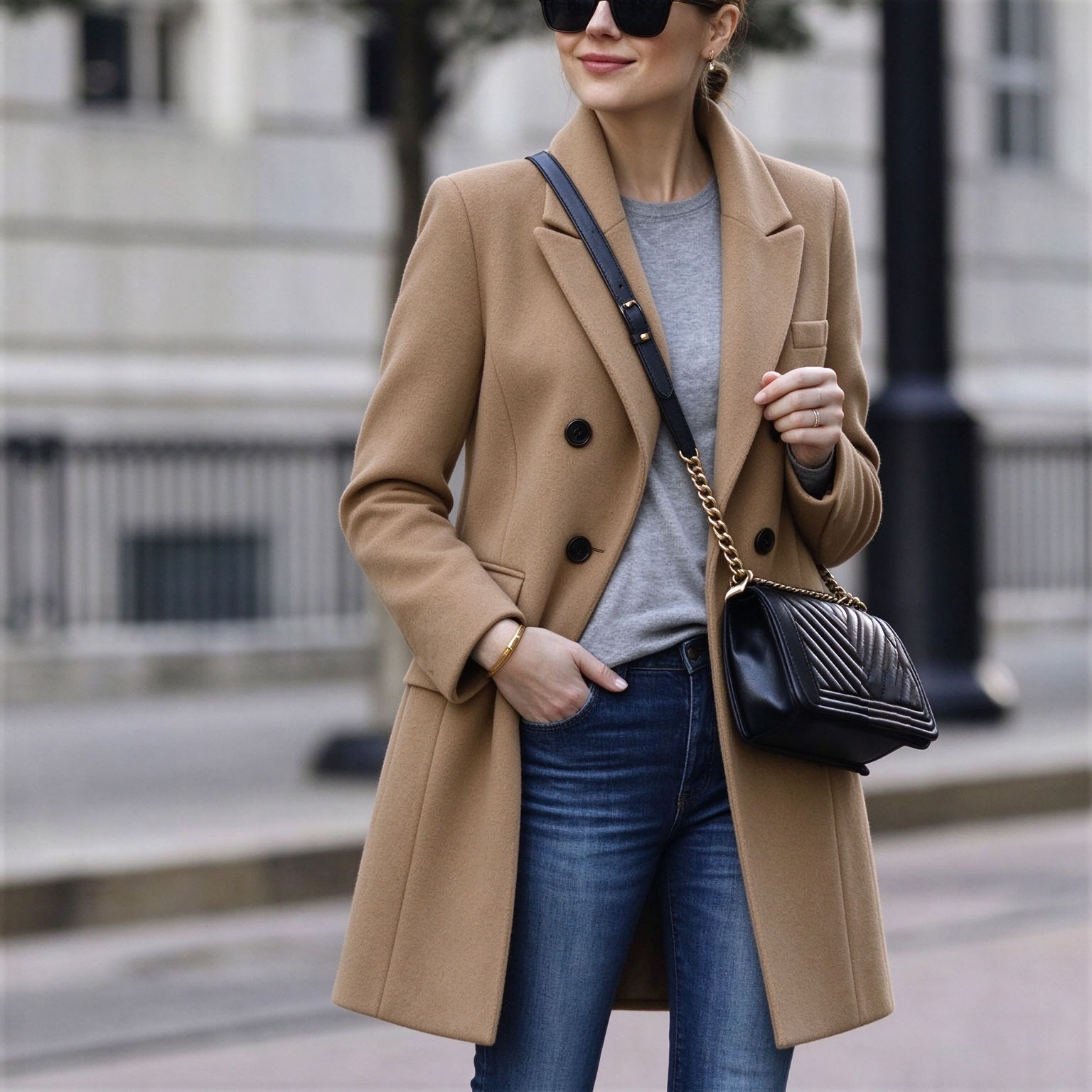 Women's Double Breasted Midi Coat, Notched Lapel Long Sleeve Polyester Dress Coat, Classic Solid Formal Work Outerwear  