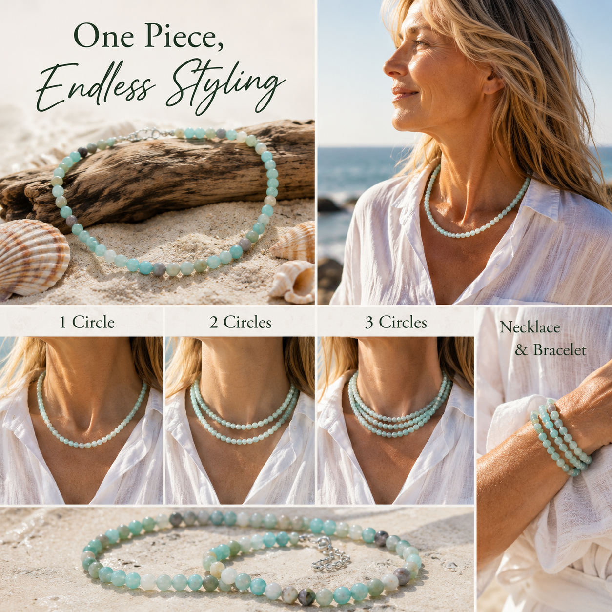 mazonite Beaded Necklace – Mediterranean Sea Inspired Gemstone Jewelry | Handmade Natural Stone Necklace for Women | Calm Ocean Blue Crystal Strand
