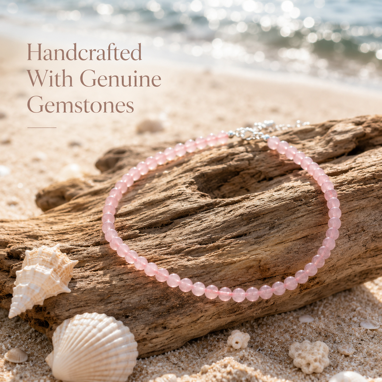 Rose Quartz Beaded Necklace – Mediterranean Resort Style Pink Crystal Jewelry | Handmade Natural Stone Love Necklace for Women | Soft Romantic Beach Vacation Accessory