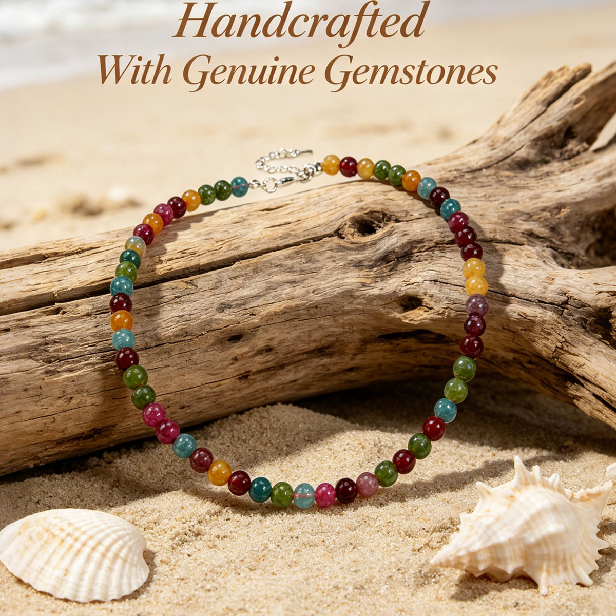 Multicolor Tourmaline Beaded Necklace – Mediterranean Resort Style Gemstone Jewelry | Handmade Natural Crystal Energy Necklace for Women | Vibrant Beach Vacation Boho Strand