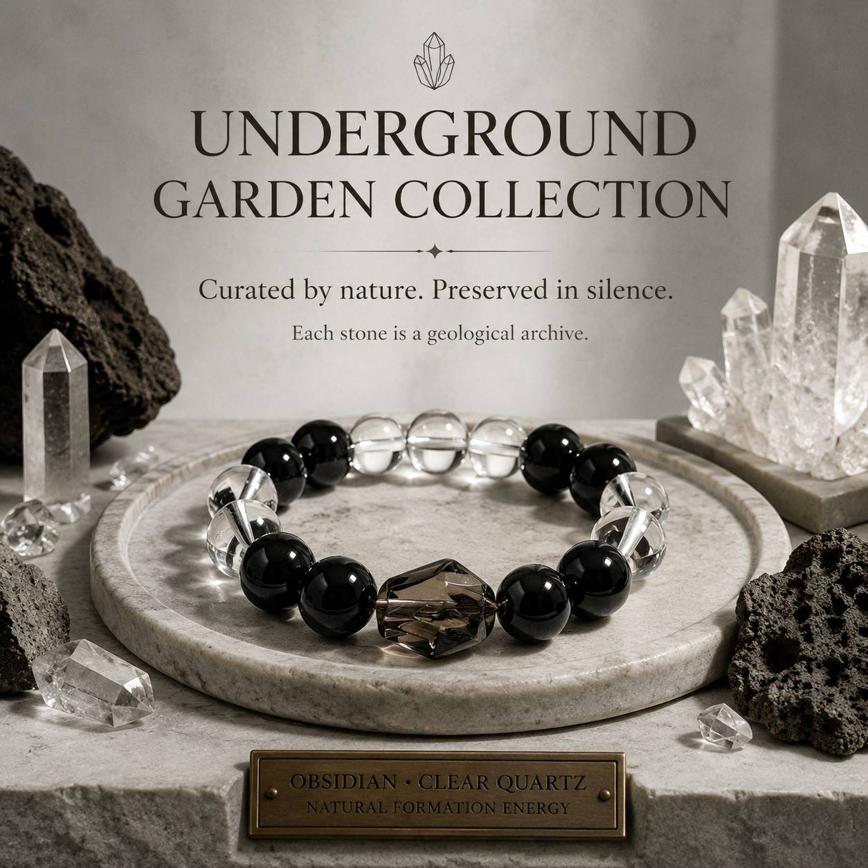 Obsidian Night Garden Crystal Bracelet - A quiet ecosystem suspended between darkness and light