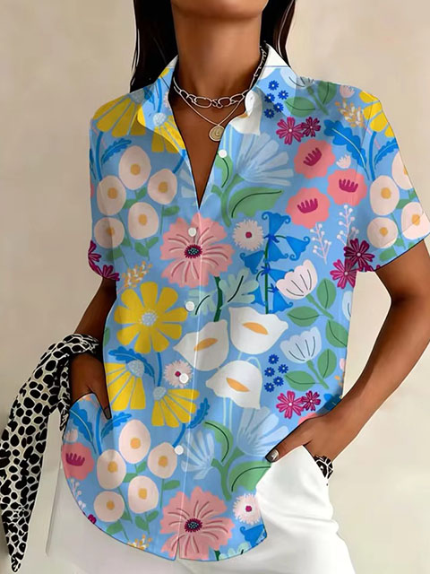 Women’s Floral Print Short Sleeve Button-Down Shirt – Lightweight Polyester Blouse