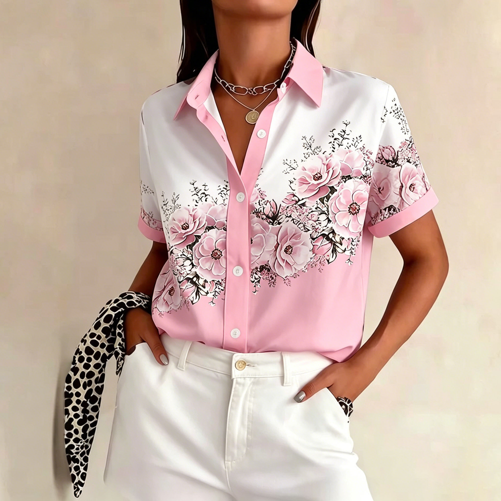 Women Pink Rose Floral Color Block Short Sleeve Button Down Shirts, Lightweight Polyester Lapel Collar Pocket Blouses, Casual Loose Fit Summer Printed Tops