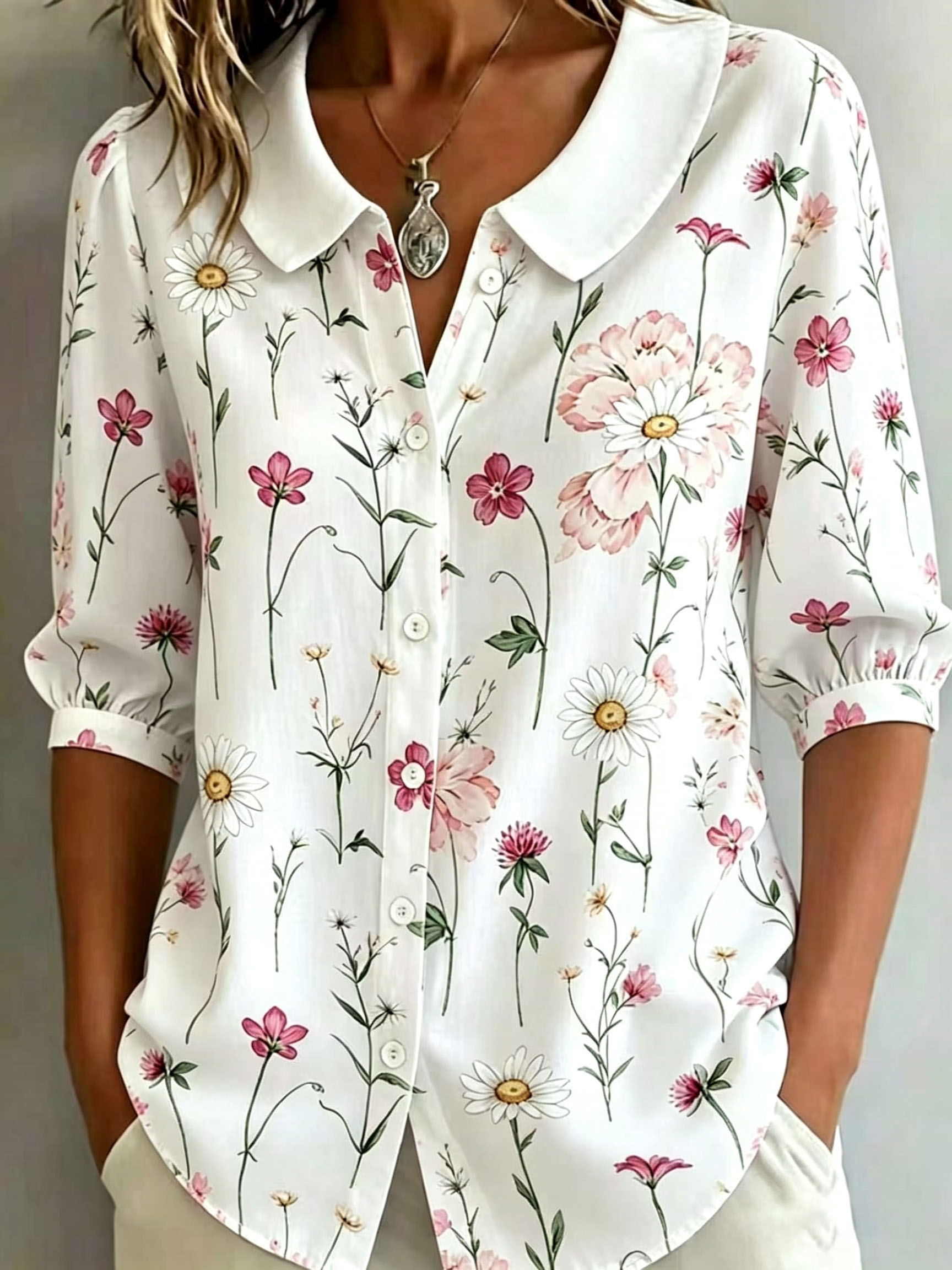 Women Vintage Wildflower Print Peter Pan Collar Blouse, 3/4 Puff Sleeve Button Down Shirts, Lightweight Polyester Casual Loose Floral Tops with Side Pockets