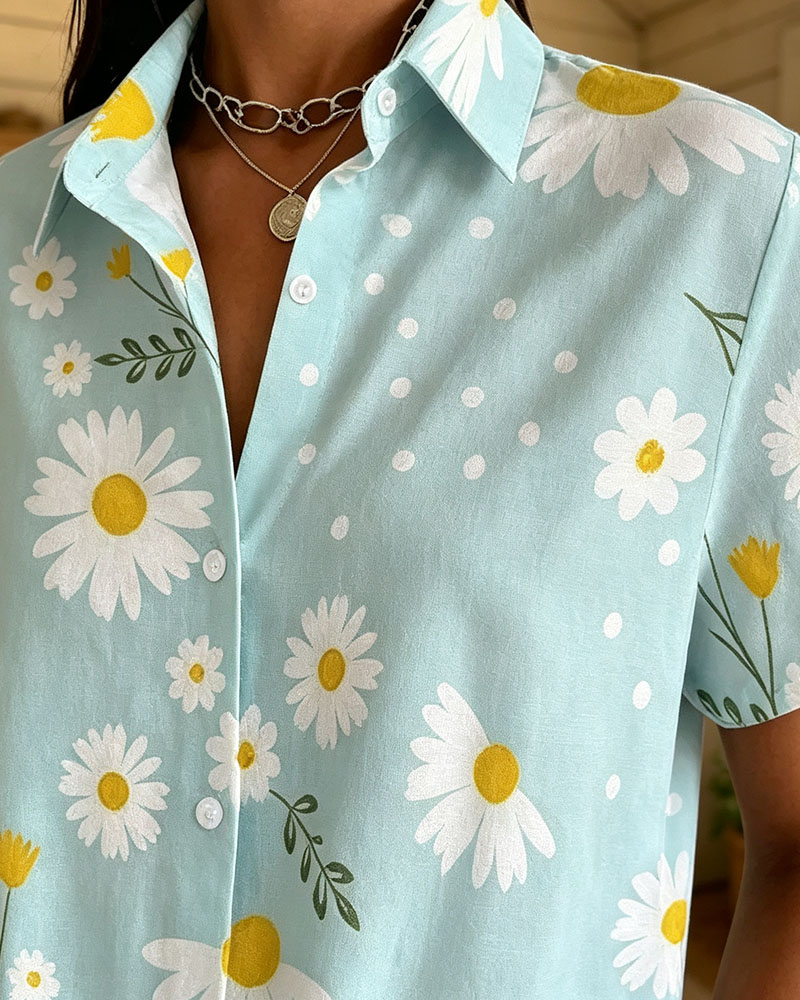 Women's Light Blue Daisy Print Short Sleeve Button Down Shirts, Casual Lapel Collar Loose Summer Blouses, Polyester Soft Floral Shirts for Daily Vacation