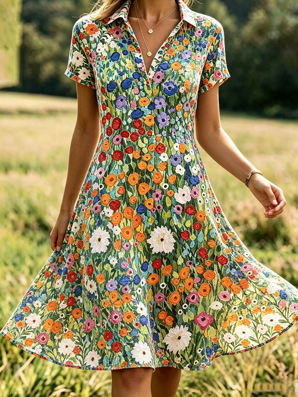 Women’s Floral Print Shirt Dress – Lightweight Polyester Summer Casual Midi Dress with Button Front