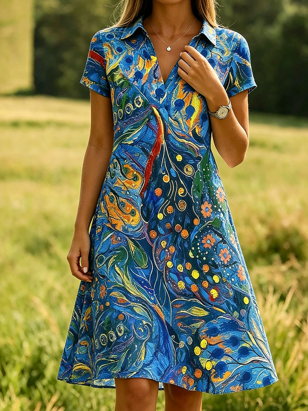 Women’s Abstract Blue Print Summer Dress – Lightweight Polyester Casual Shirt Dress, Buttonless Design
