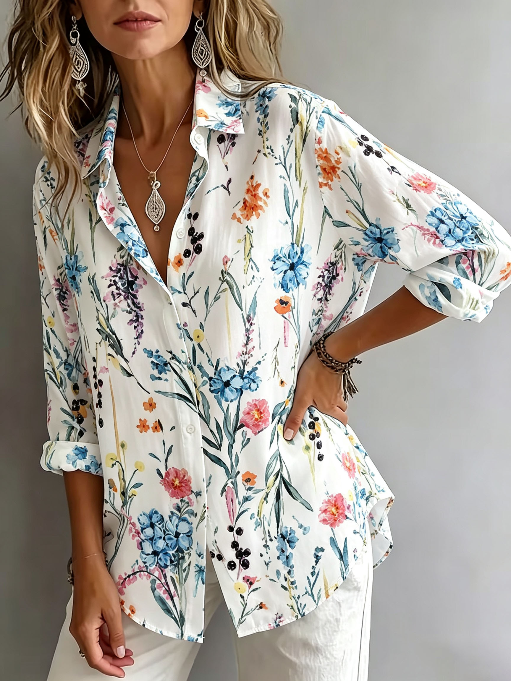 Women’s Floral Print Button Down Shirt – Lightweight Casual Long Sleeve Blouse with Soft Polyester Fabric