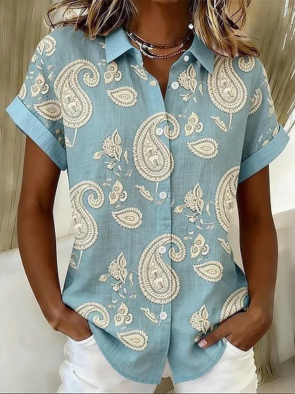 Women’s Paisley Print Short Sleeve Button Down Shirt – Casual Loose Fit Blouse with Lightweight Polyester Fabric