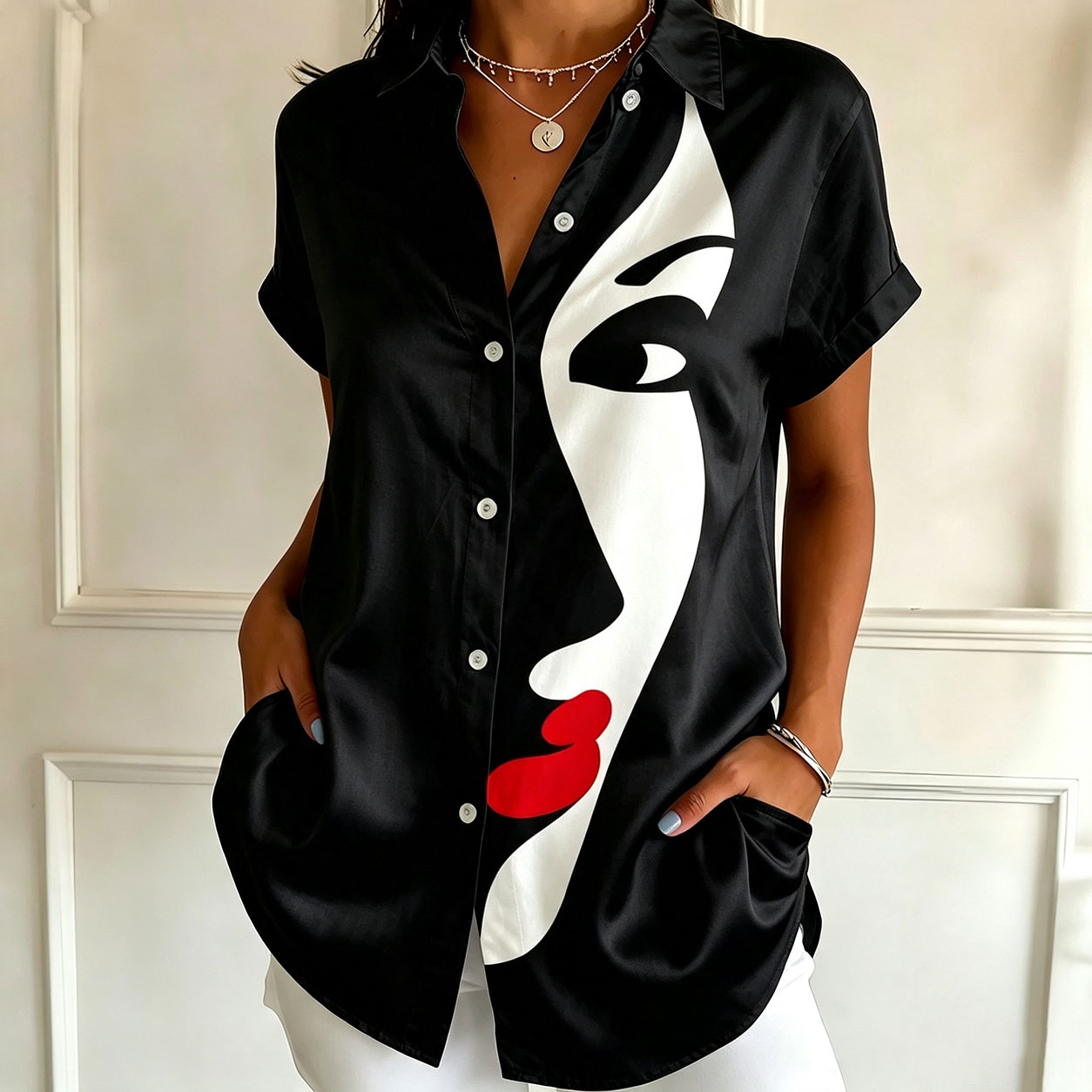 Women's Short Sleeve Button Down Shirt – Elegant Abstract Print Blouse with Collared Neck, Lightweight Polyester Casual Top
