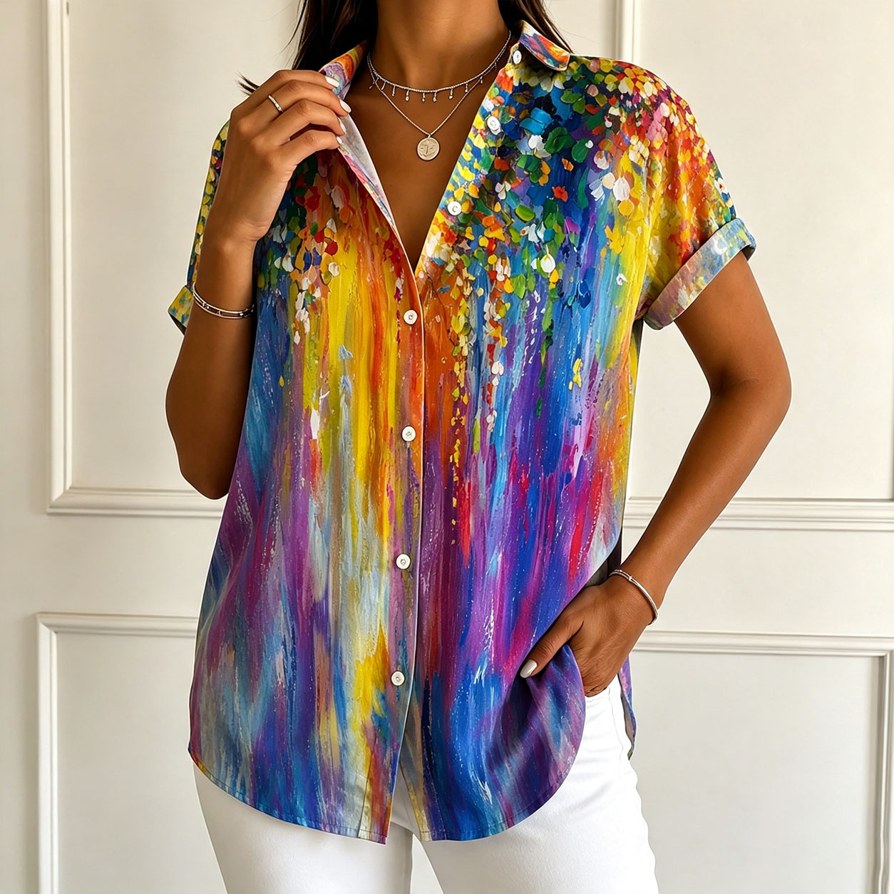 Women's Abstract Colorful Print Button Down Shirt Short Sleeve Graphic Blouse Lightweight Polyester Casual Loose Fit Artistic Tops for Vacation Summer Wear