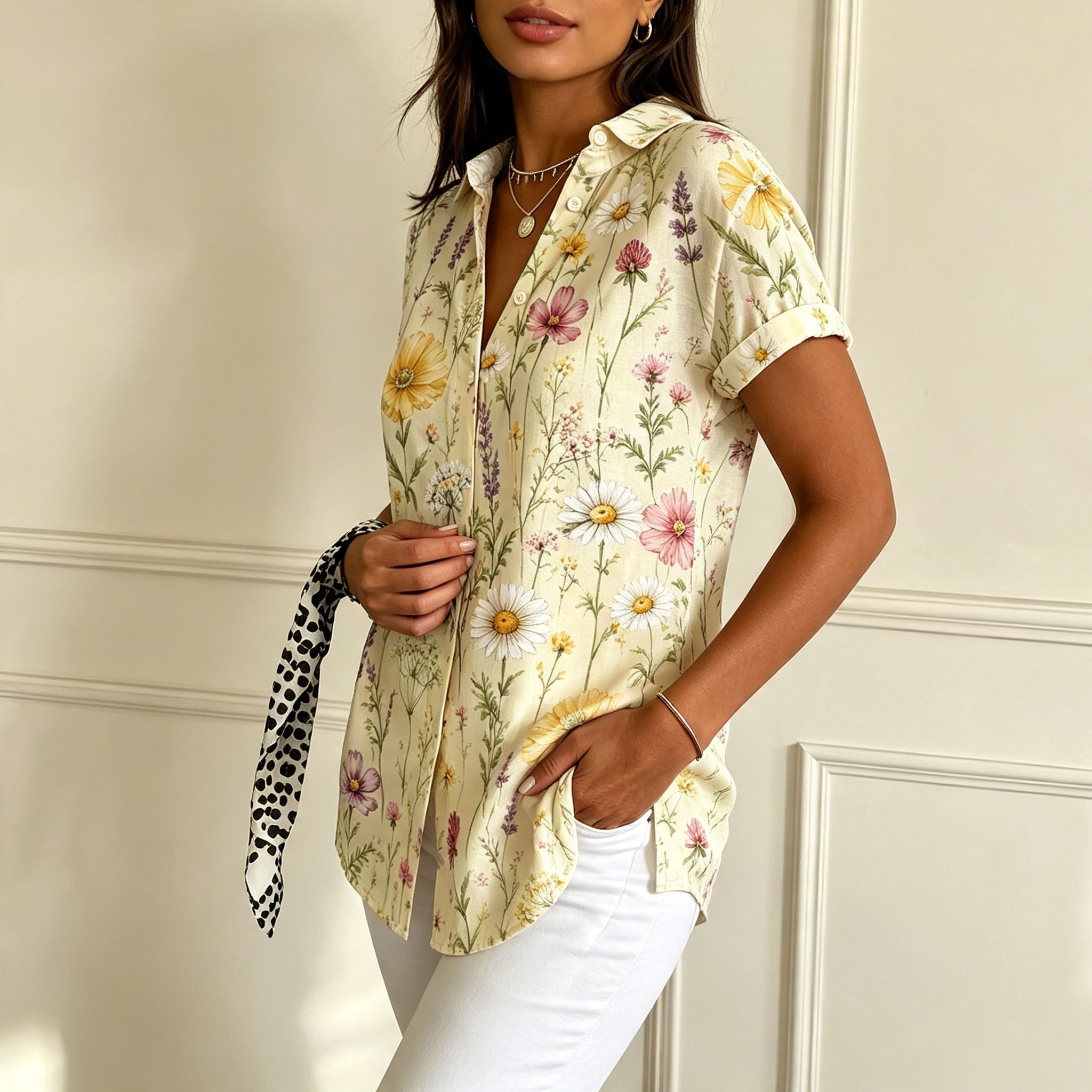Women's Botanical Floral Print Button Down Shirt – Vintage Garden Short Sleeve Blouse with Lightweight Polyester Fabric