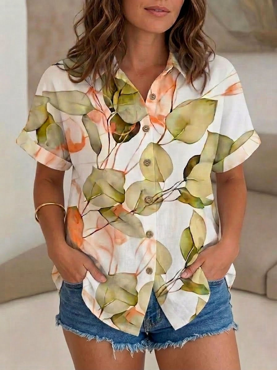 Women's Leaf Print Button Down Shirt – Short Sleeve Floral Blouse, Lightweight Polyester Casual Top for Summer Vacation