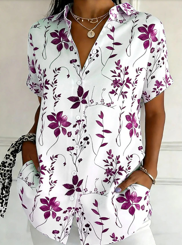 Women's Floral Print Button Down Shirt – Short Sleeve Casual Blouse with Collared Neck, Lightweight Loose Fit Summer Top