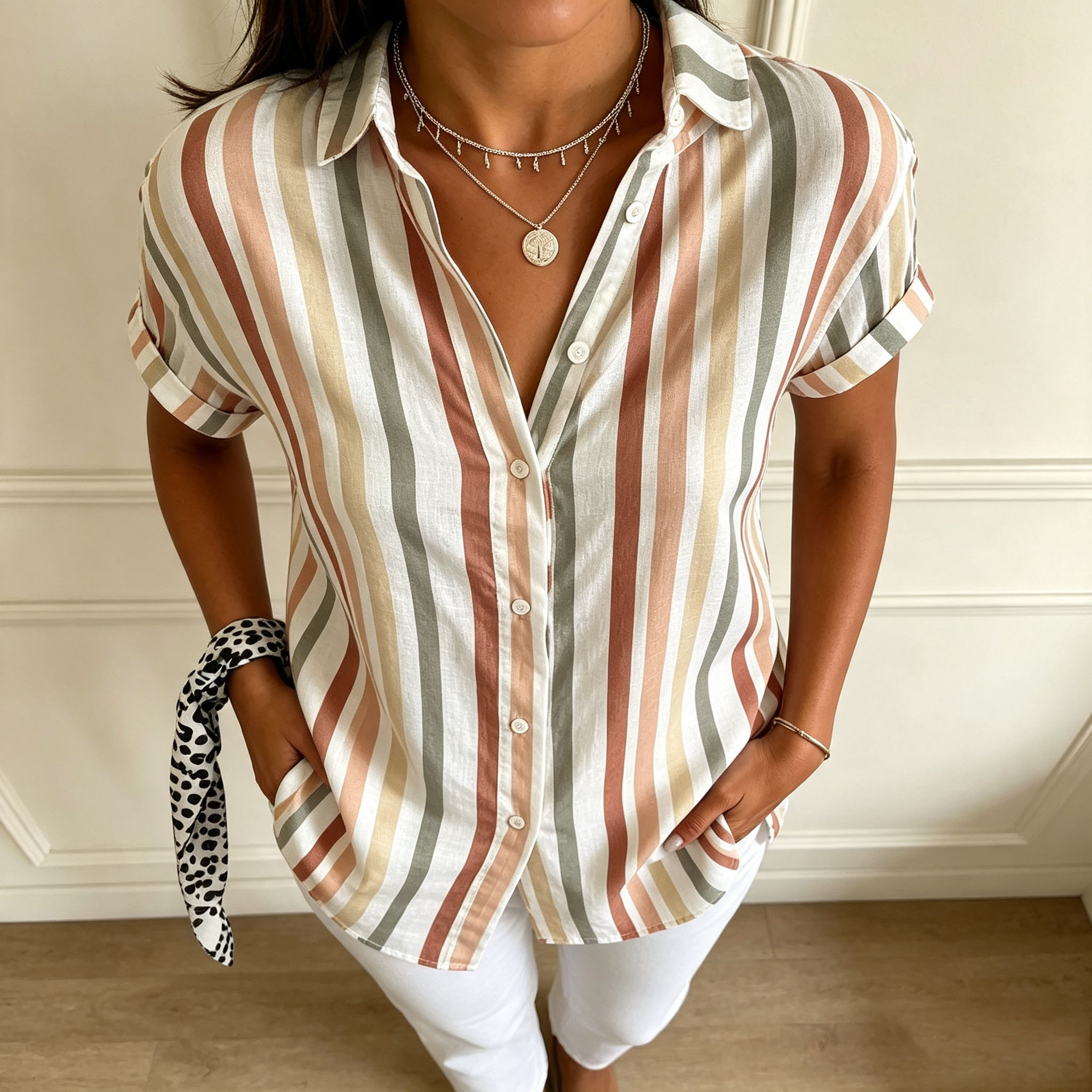 Women's Striped Button Down Shirt – Elegant Vertical Stripe Short Sleeve Blouse with Lightweight Polyester Fabric