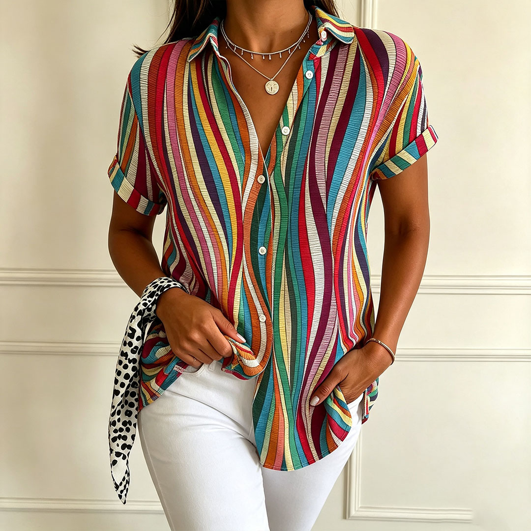 Women’s Colorful Striped Button Down Shirt – Abstract Wave Print Short Sleeve Blouse, Casual Summer Vacation Top