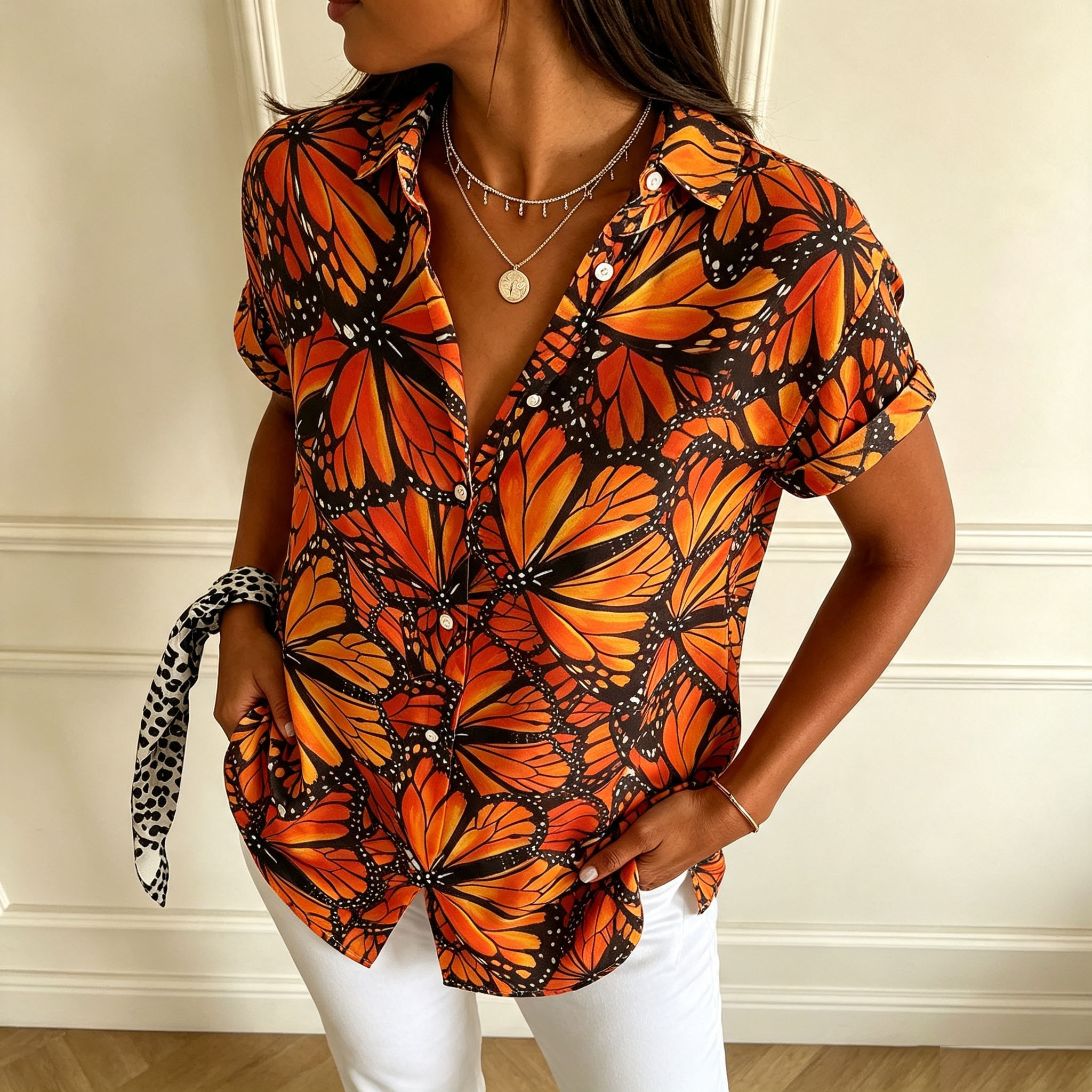 Women's Butterfly Print Button Down Shirt – Short Sleeve Casual Blouse, Lightweight Polyester Summer Fashion Top
